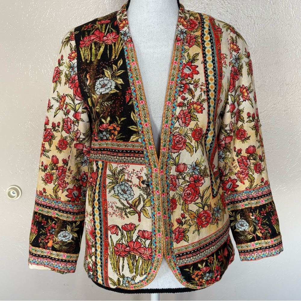 Vineet Bahl Anthropologie Lula Floral Embroidered Open Front Blazer Jacket